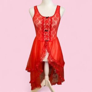 Vintage Red Lace Baby Doll Lingerie Ruffled Asymmetrical Dress
